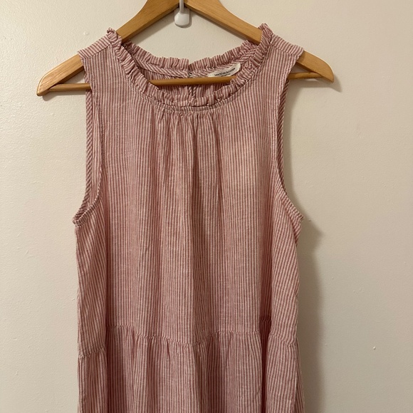 NWT beachlunchlounge Red and White Stripe Ruffle Cotton Linen Dress | Medium - Picture 2 of 9